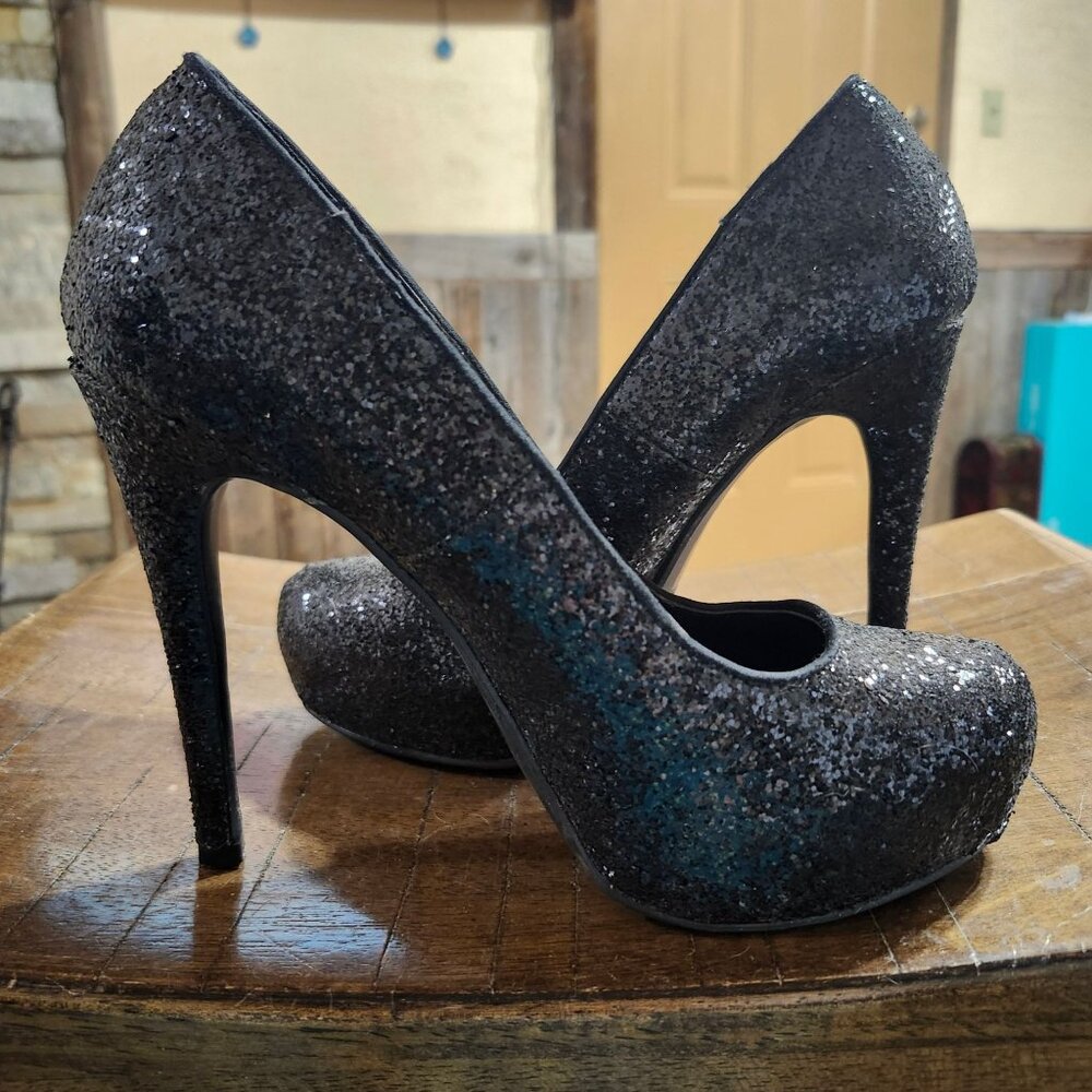 Delicious Shoes Womens 7.5 Black Glitter Stiletto Heels Spike High Heel Party